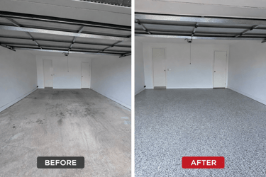 Garage epoxy flooring before and after transformation in Melbourne