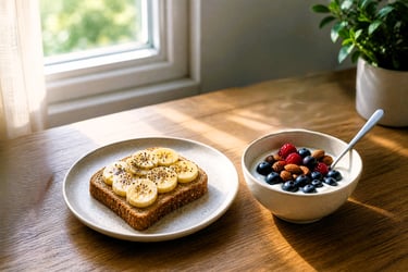 healthy breakfast plate with toast and berries — easy morning healthy habit within first hour