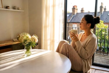 woman sitting peacefully by window in morning light — healthy morning routine for women