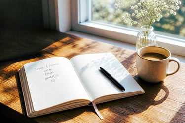 open journal beside coffee mug in morning light — self care morning routine one line intention