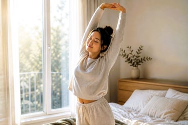 woman stretching arms by window in morning — micro habits morning routine no workout needed