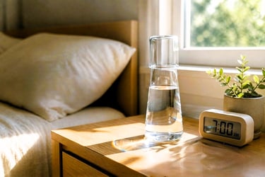 glass of water on nightstand before checking phone — healthy morning habits for women