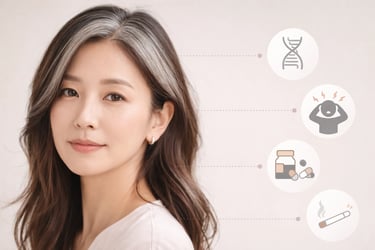 Infográfico causas para cabelo branco e tratamentos, genética e estresse