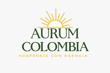Logo for Aurum Colombia Hospedaje con Esencia featuring a yellow sun graphic and dark green elegant typography.