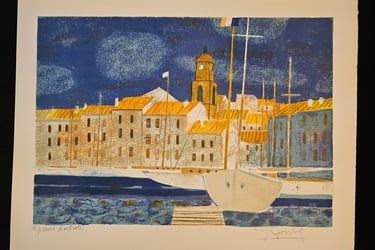 art deco vintage figuratif lithographie port d'honfleur yves ganne