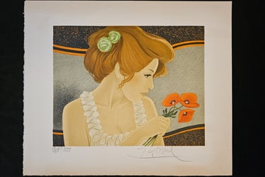 art deco vintage lithographie portrait de femme blonde aux coquelicots