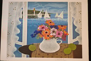 art deco vintage figuratif lithographie nature morte bouquet de fleurs voiliers en mer yves ganne