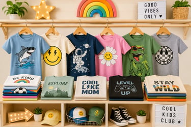 Collection of colorful kids t-shirts with graphic designs including a dinosaur, astronaut, and shark hanging in a boutique