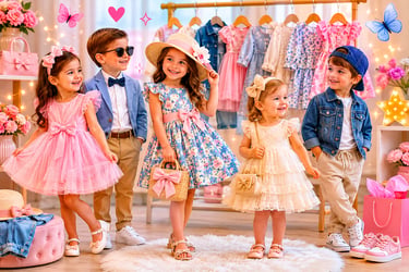 Stylish toddlers modeling trendy kids clothing and summer dresses in a boutique setting.