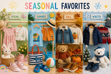 Seasonal children's clothing display featuring spring, summer, fall, and winter outfits with matching toys.