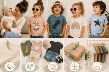 Happy children and a mother wearing stylish organic cotton kids t-shirts with trendy graphic prints.