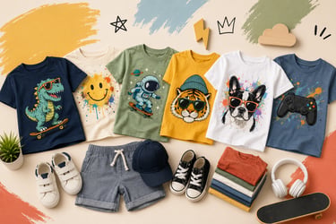 Collection of colorful kids graphic t-shirts featuring dinosaurs, astronauts, and animals with shorts and sneakers.