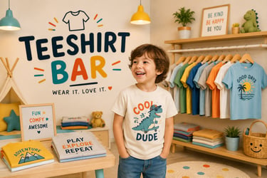 A happy young boy wearing a dinosaur graphic tee in a colorful kids clothing store called Teeshirt Bar.