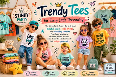 Happy toddlers modeling trendy graphic t-shirts from The Stinky Pants kids clothing collection.