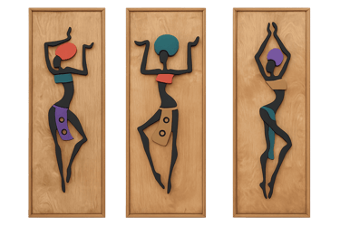 Mid-century modern African dancer wall art triptych featuring colorful cutout figures on wood panels.