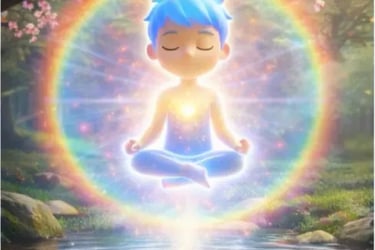 “Cartoon child meditating above a stream with a rainbow aura ring and warm heart light in a tranquil forest”