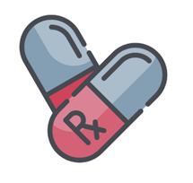 Flat vector illustration of blue and pink Rx prescription medicine capsules for healthcare and pharmacy use.