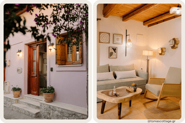 View of the entrance and sitting area of Tonia's Cottage in Alagni Village