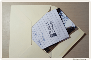Letter in an envelope featuring a picture and a Tonia's Cottage stamp