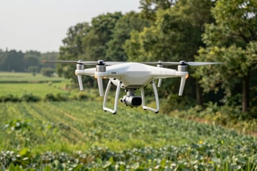 A high-tech white drone hovering over vibrant forest green rural fields in Pirok. The lighting is crisp daylight, highlighting the intersection of advanced technology and traditional agriculture under a soft sky white horizon.