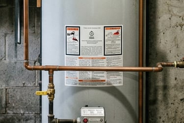 A Bradford White gas water heater with copper piping installed in a basement utility room.