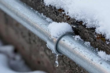 Close-up of frozen water droplets dripping from a metal outdoor handrail covered in fresh winter snow.