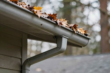 White residential roof gutters clogged with brown autumn leaves requiring cleaning and maintenance.