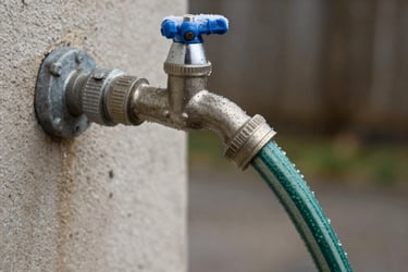 Frozen outdoor water spigot with a green garden hose attached and frost on the blue handle.