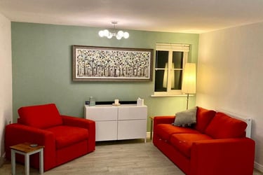 Tidy seating area in a residential home, with a mint-green feature wall, and white walls/ceiling.