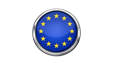 Glossy European Union flag button with a metallic border centered on a black background.
