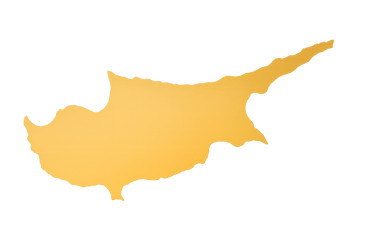 A golden yellow map silhouette of the island of Cyprus isolated on a solid black background.