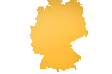 A golden yellow silhouette map of Germany isolated on a solid black background.