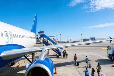Passengers boarding flight at airport