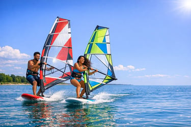 Man and woman windsurfing on a sunny lake, positioned left of frame, enjoying safe outdoor adventure