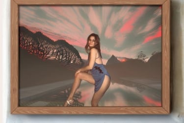 Framed photo of a woman posing in a blue dress against a sunset pool background.