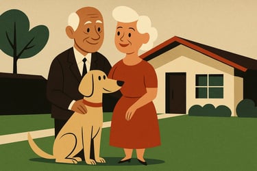 Couple de senior retraités avec leur chien. Ils profitent de leur jardin devant la maison.