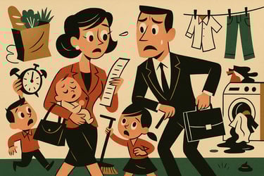 Parents en manque de temps avec le travail, les enfants et les tâches ménagères.