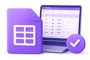 Purple spreadsheet and laptop illustration for MuleBuy spreadsheet categories and QC finds