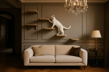 White cat climbing wall shelves in elegant room. Beige sofa, brown pillows, chandelier, and lamp cre