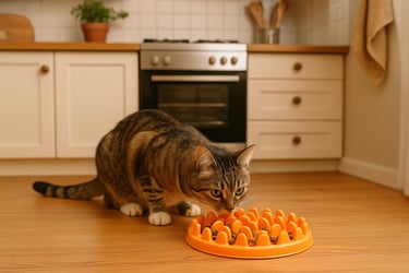 Tabby cat eating from an orange feeder in a cozy kitchen. White cabinets and oven in the background.