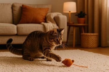 Tabby cat playing with an orange toy mouse on a cream rug. Cozy living room with beige sofa, orange 