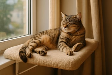 Tabby cat napping on a beige perch by a window. Sunlight filters through curtains, creating a warm, 