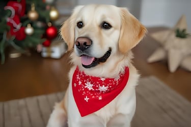 Golden retriever with a red bandana sits indoors, tongue out, near a Christmas tree with red and gol