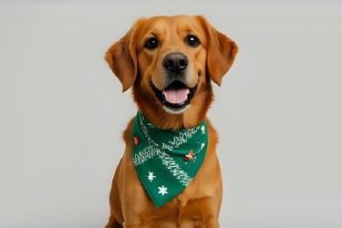 Golden retriever with a green bandana featuring star patterns, smiling against a light gray backgrou