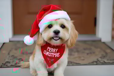 Cute dog in a Santa hat and red bandana reading "Merry Christmas" sits on a doorstep, smiling with i