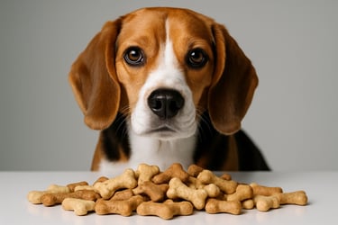 Beagle staring at a pile of dog biscuits on a white table; background is a plain light gray, conveyi