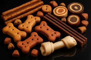 Assorted dog treats of various shapes and colors, including bones, sticks, and rolls, displayed on a