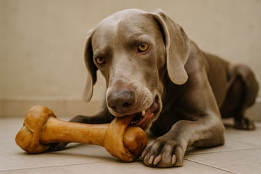 Gray dog chewing a large bone on a tiled floor, focused expression. Neutral-toned background enhance