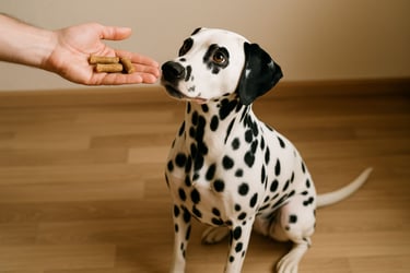 Dalmatian looks up at a hand offering treats. The background is a light wooden floor, creating a cal