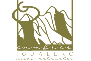 Cumbres Igualero natural wine logo with olive green mountain silhouette and elegant cursive typography on black background.